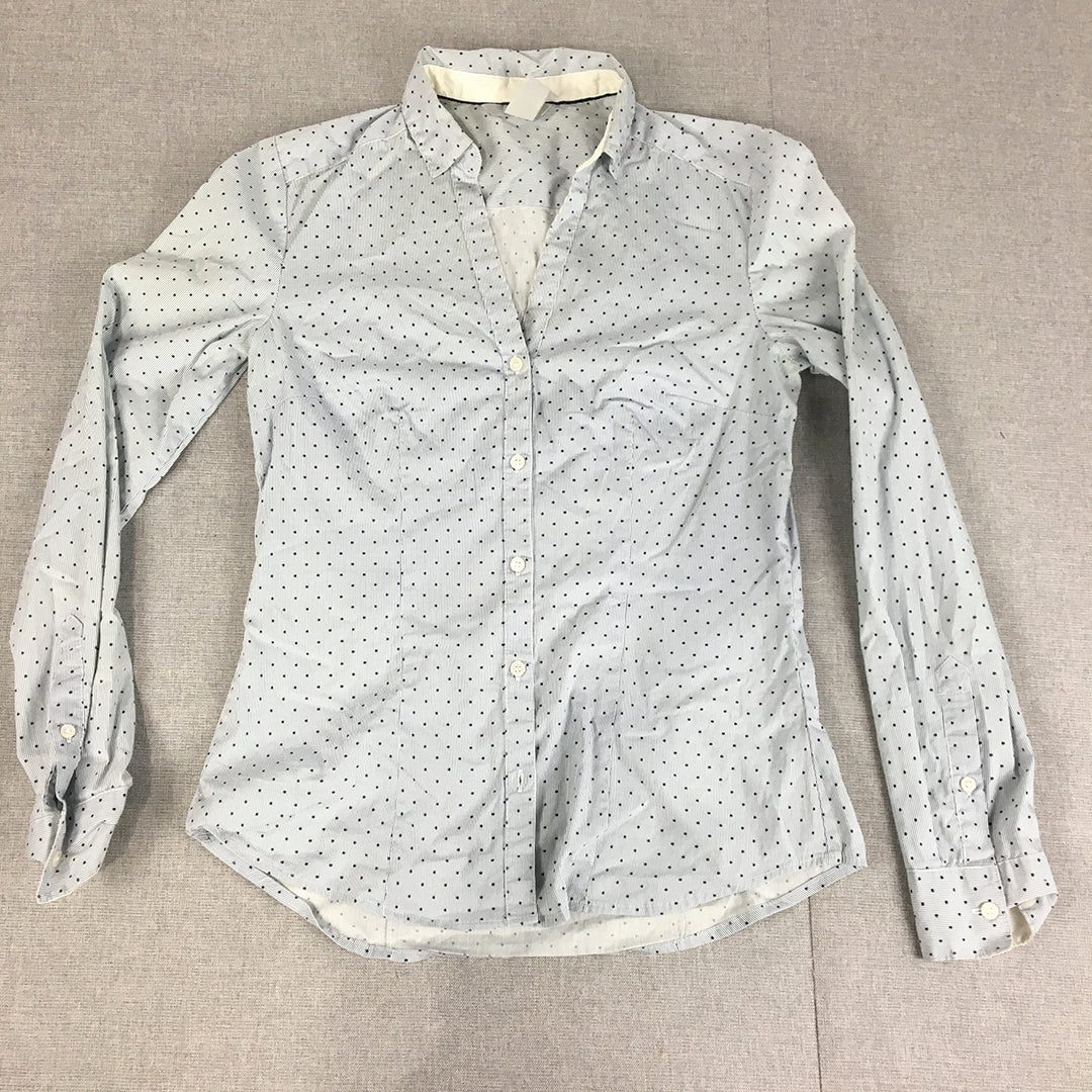 H&M Womens Shirt Size 6 Blue Dot Long Sleeve Button-Up Collared Top