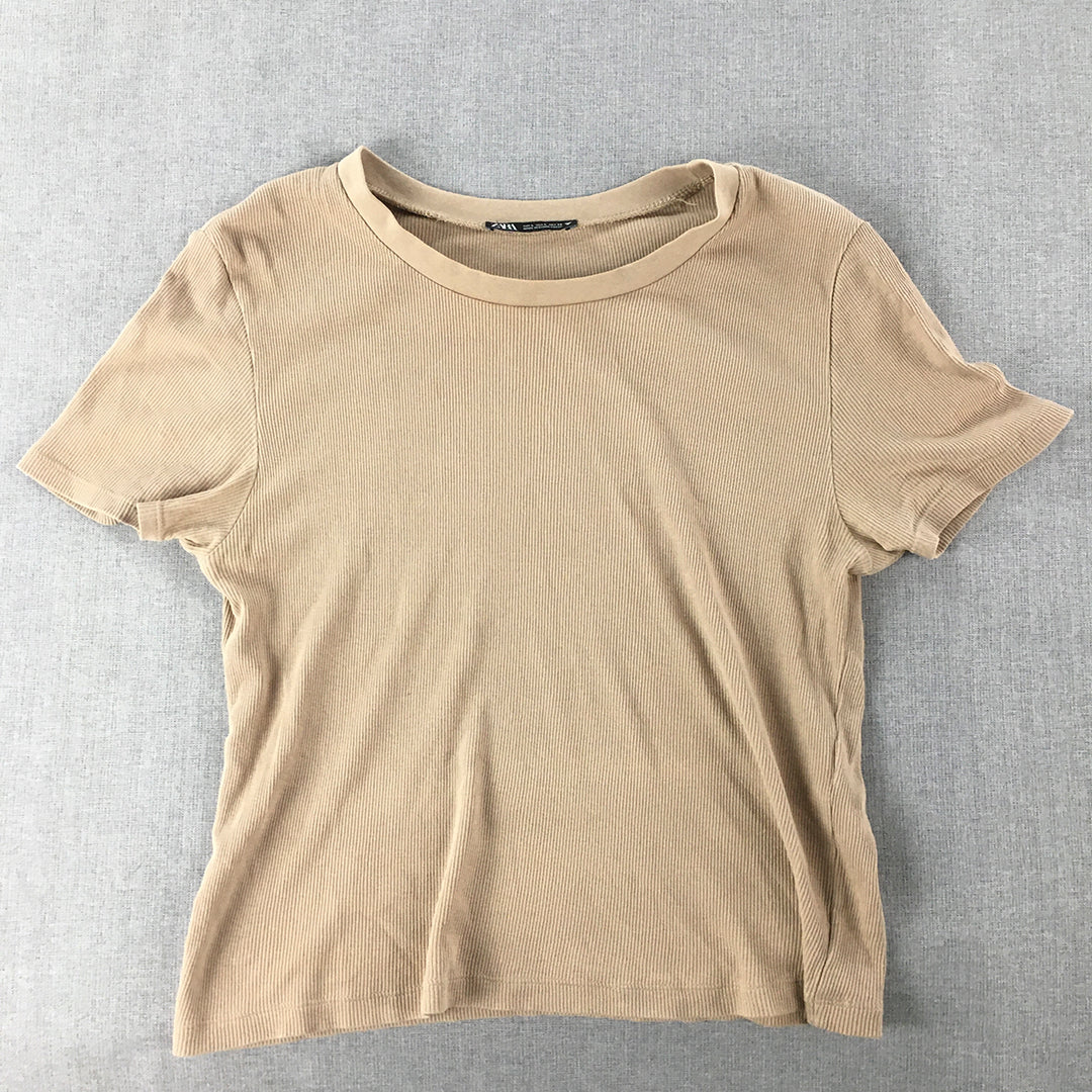 Zara Womens Knit Top Size L Brown Short Sleeve Round Neck T-Shirt