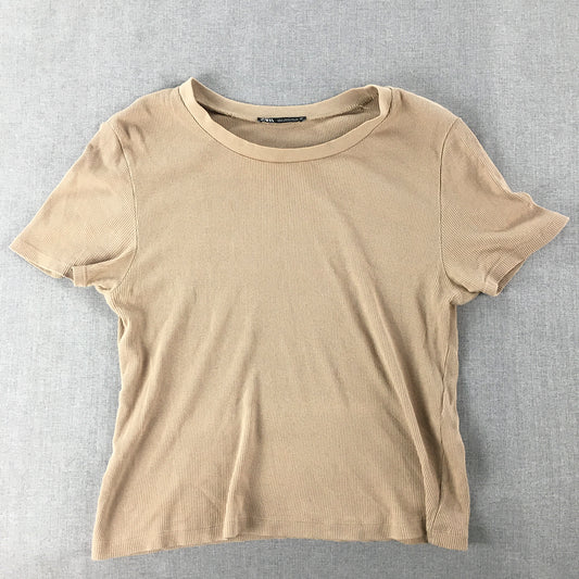 Zara Womens Knit Top Size L Brown Short Sleeve Round Neck T-Shirt