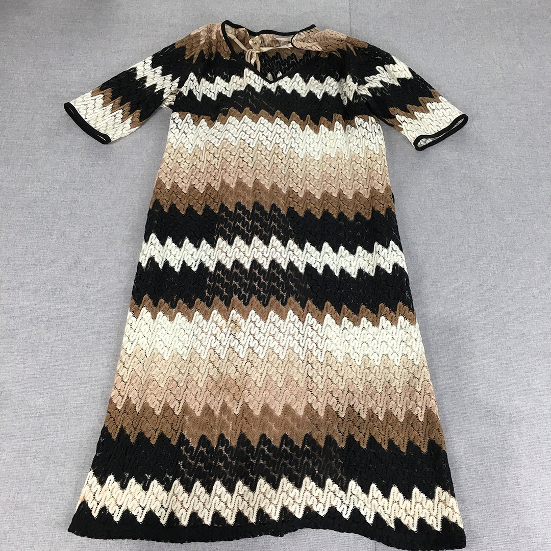 Db Womens A-Line Dress Size 10 Brown Black Striped Midi Short Sleeve