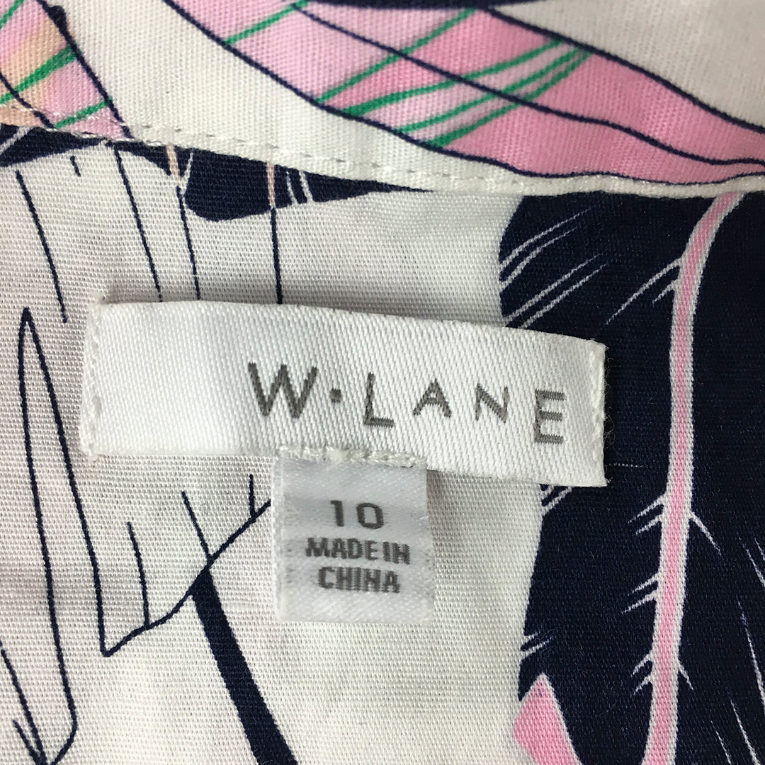 W Lane Womens Top Size 10 White Green Floral Leaf Button-Up Shirt Collared