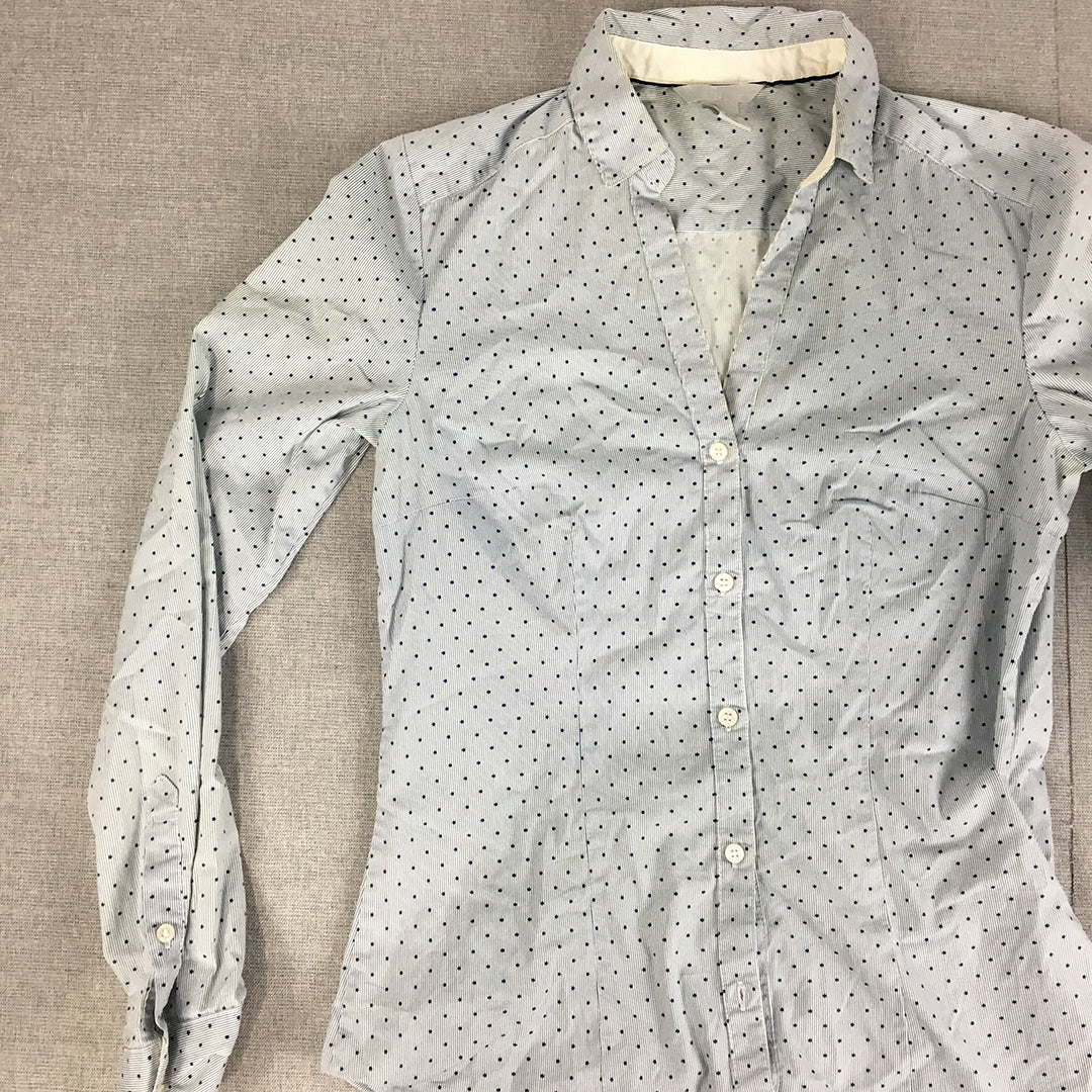 H&M Womens Shirt Size 6 Blue Dot Long Sleeve Button-Up Collared Top