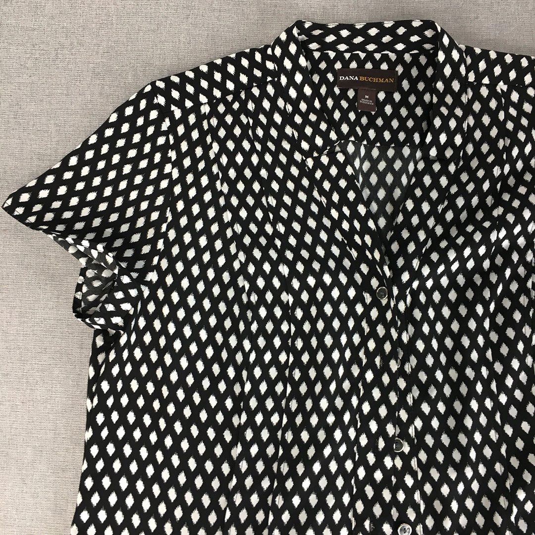 Dana Buchman Womens Shirt Size M Black White Diamond Pattern Button-Up