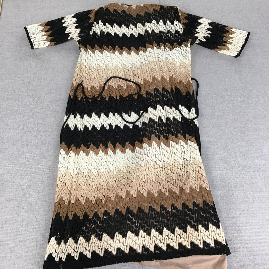 Db Womens A-Line Dress Size 10 Brown Black Striped Midi Short Sleeve