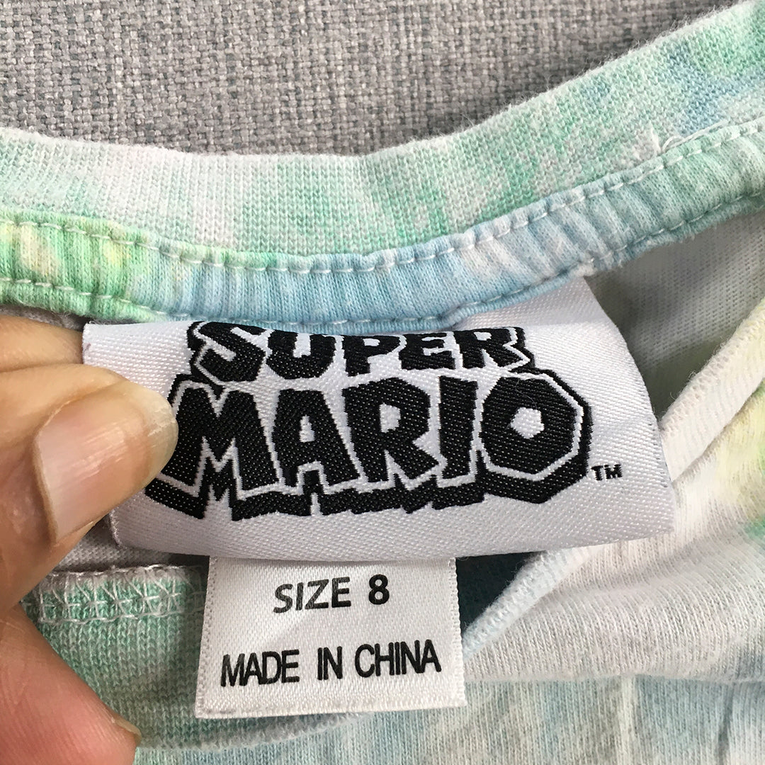 Super Mario Kids Boys T-Shirt Size 8 White Blue Tie-Dye Short Sleeve Top