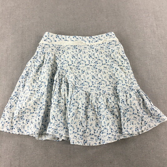 Delilah Womens Linen Mini Skirt Size 6 White Blue Floral