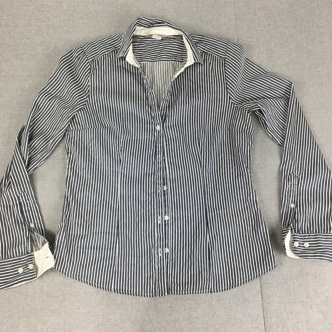 H&M Womens Shirt Size 10 Blue Striped Long Sleeve Button-Up Collared Top