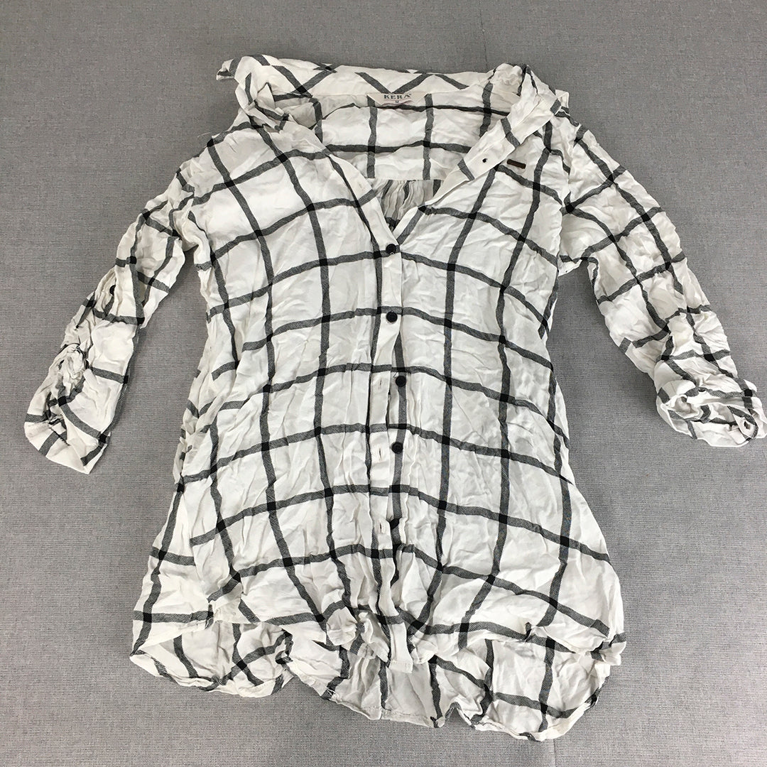 Kera Womens Shirt Size M White Checkered Long Sleeve Button-Up Collared