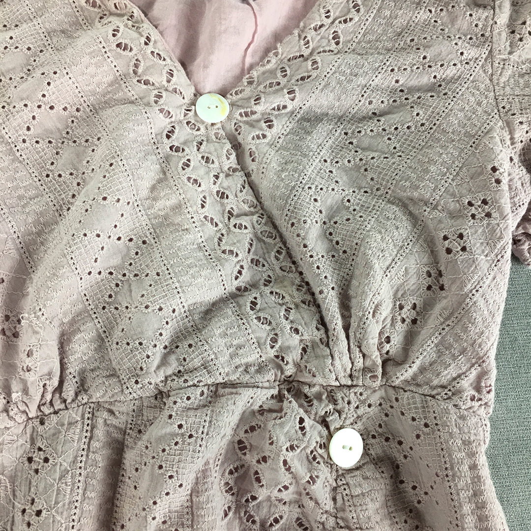 Valleygirl Womens Mini Dress Size 12 Pink Button Up Floral Lace Embroidered