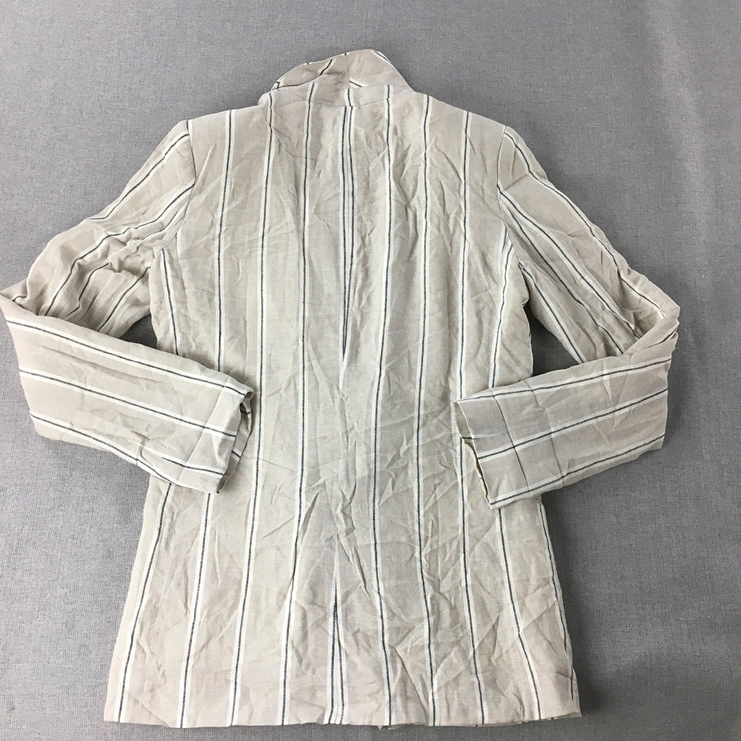 H&M Womens Linen Blazer Size 8 Grey Striped Collared Jacket Coat