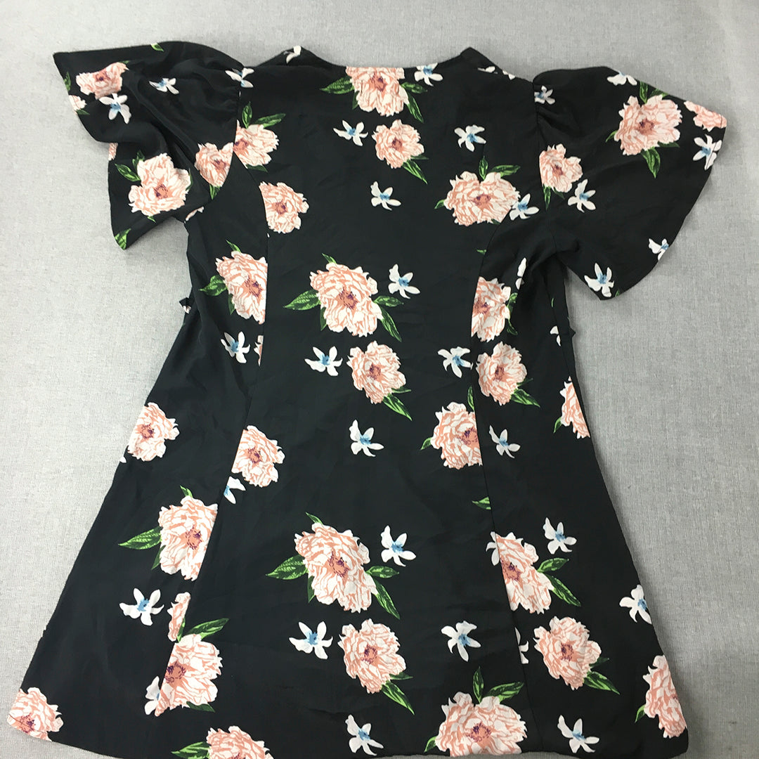 Valleygirl Womens Mini Dress Size 12 Black Floral Fit & Flare Button Accents