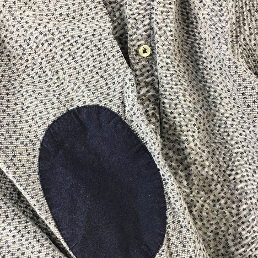 Zara Man Shirt Size M Slim Fit Blue Floral Long Sleeve Elbow Patches Button-Up