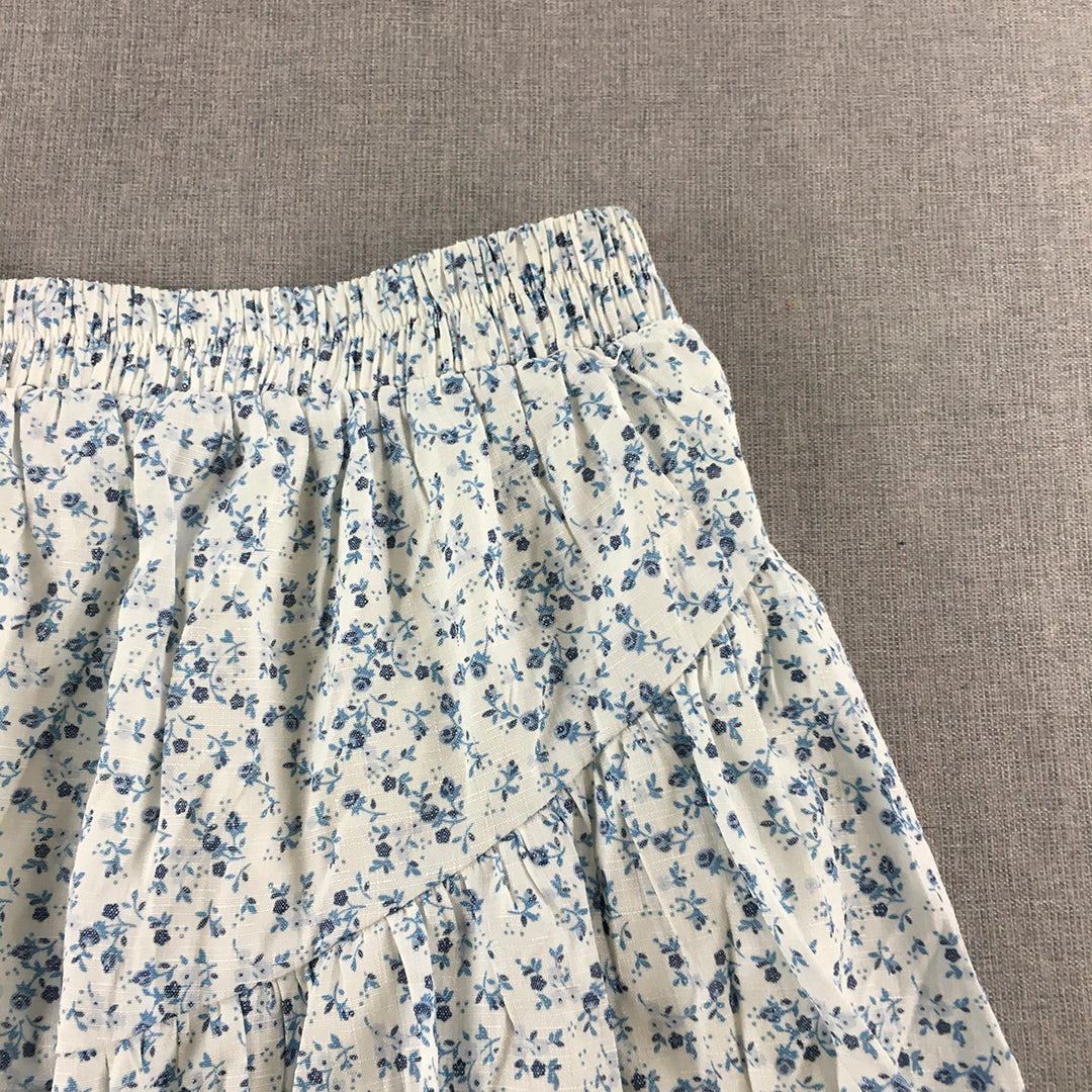 Delilah Womens Linen Mini Skirt Size 6 White Blue Floral