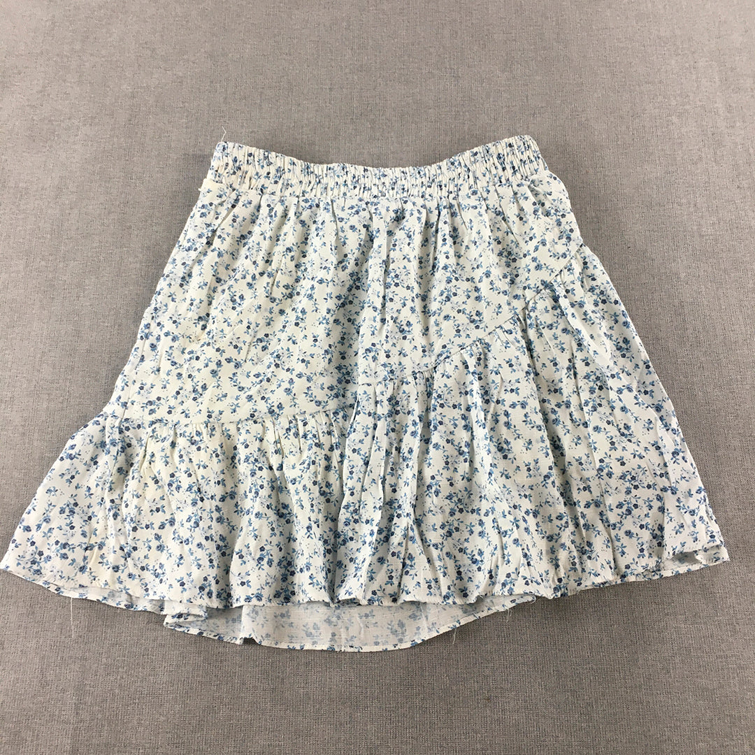 Delilah Womens Linen Mini Skirt Size 6 White Blue Floral