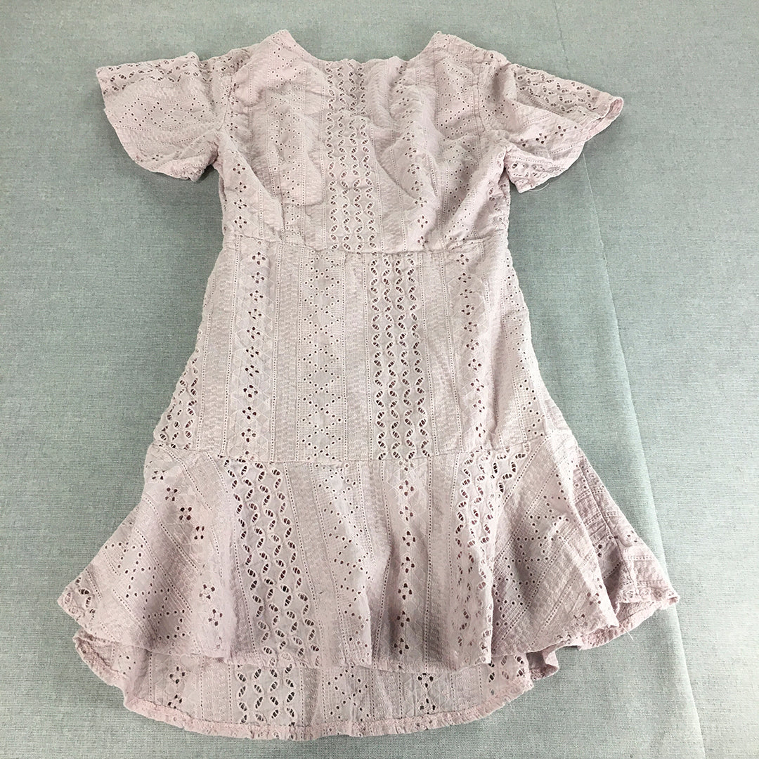 Valleygirl Womens Mini Dress Size 12 Pink Button Up Floral Lace Embroidered