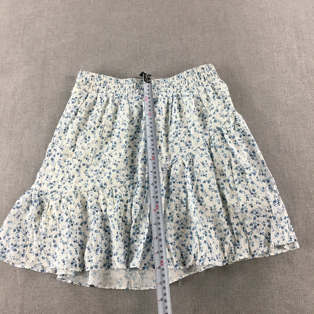 Delilah Womens Linen Mini Skirt Size 6 White Blue Floral