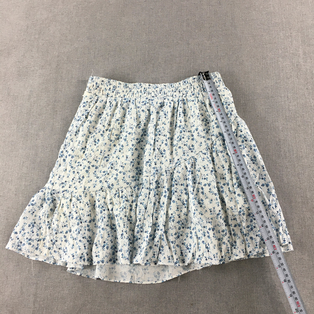 Delilah Womens Linen Mini Skirt Size 6 White Blue Floral