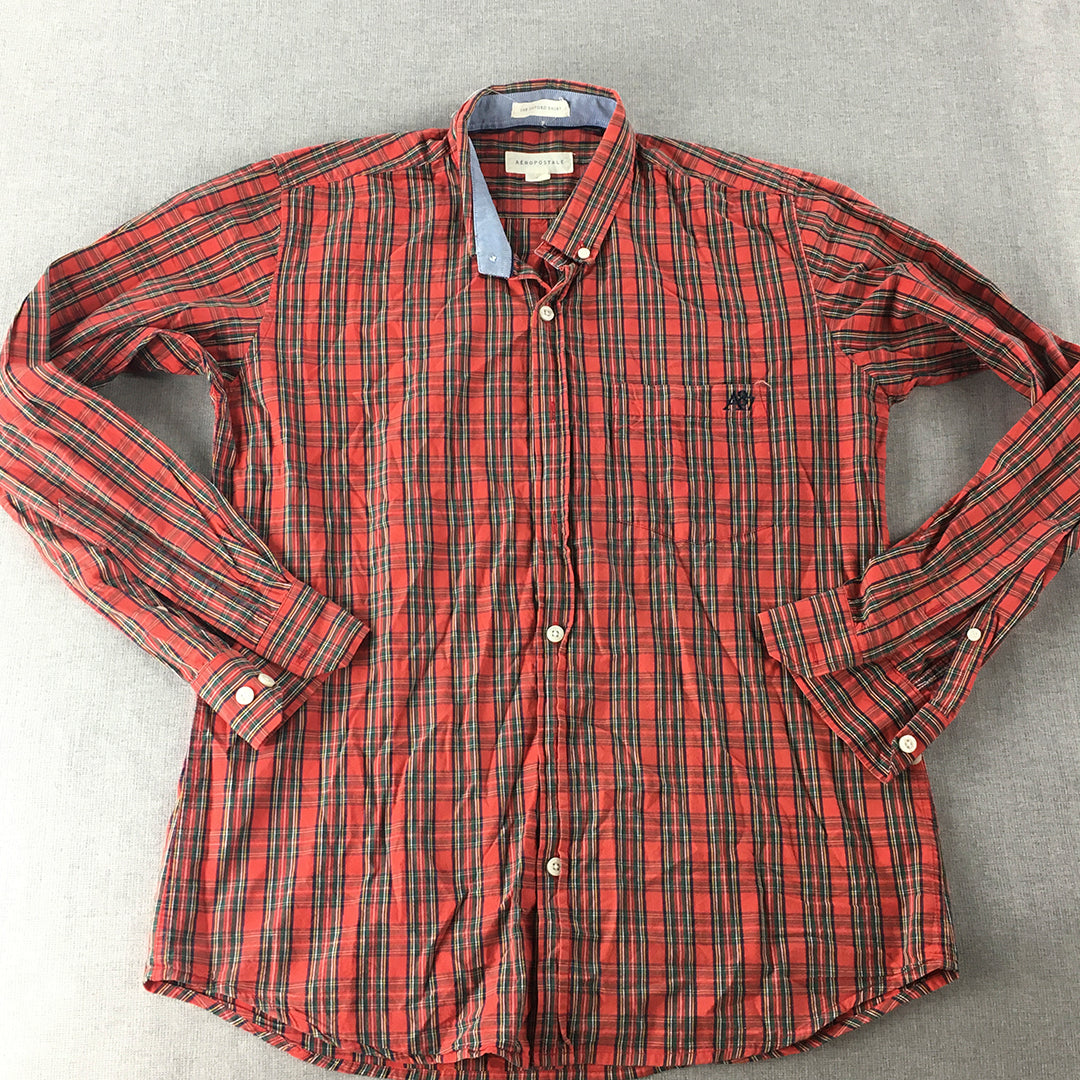 Aeropostale Mens Shirt Size M Red Checkered Long Sleeve Button-Up