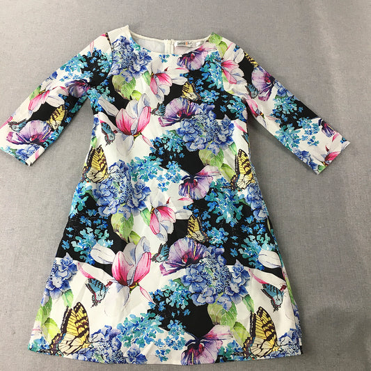 Sunny Girl Womens A-Line Dress Size 8 White Blue Floral Mini 3/4 Length Sleeves