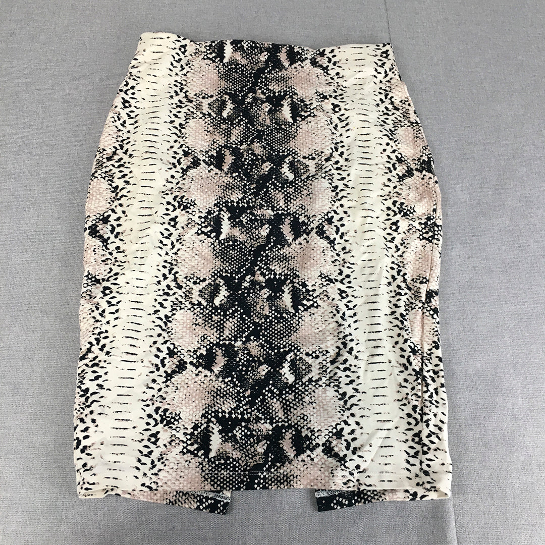 Decjuba Womens Midi Skirt Size S White Pink Black Snakeskin Pattern Straight