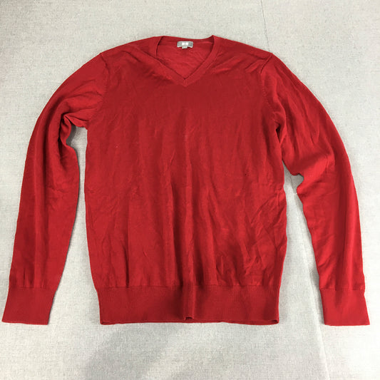 Uniqlo Mens Wool Sweater Size S Red V-Neck Pullover Jumper