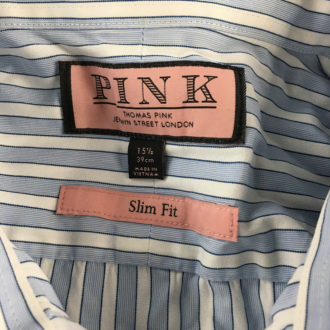 Thomas Pink Mens Shirt Size M Slim Fit Blue Striped Long Sleeve Button-Up