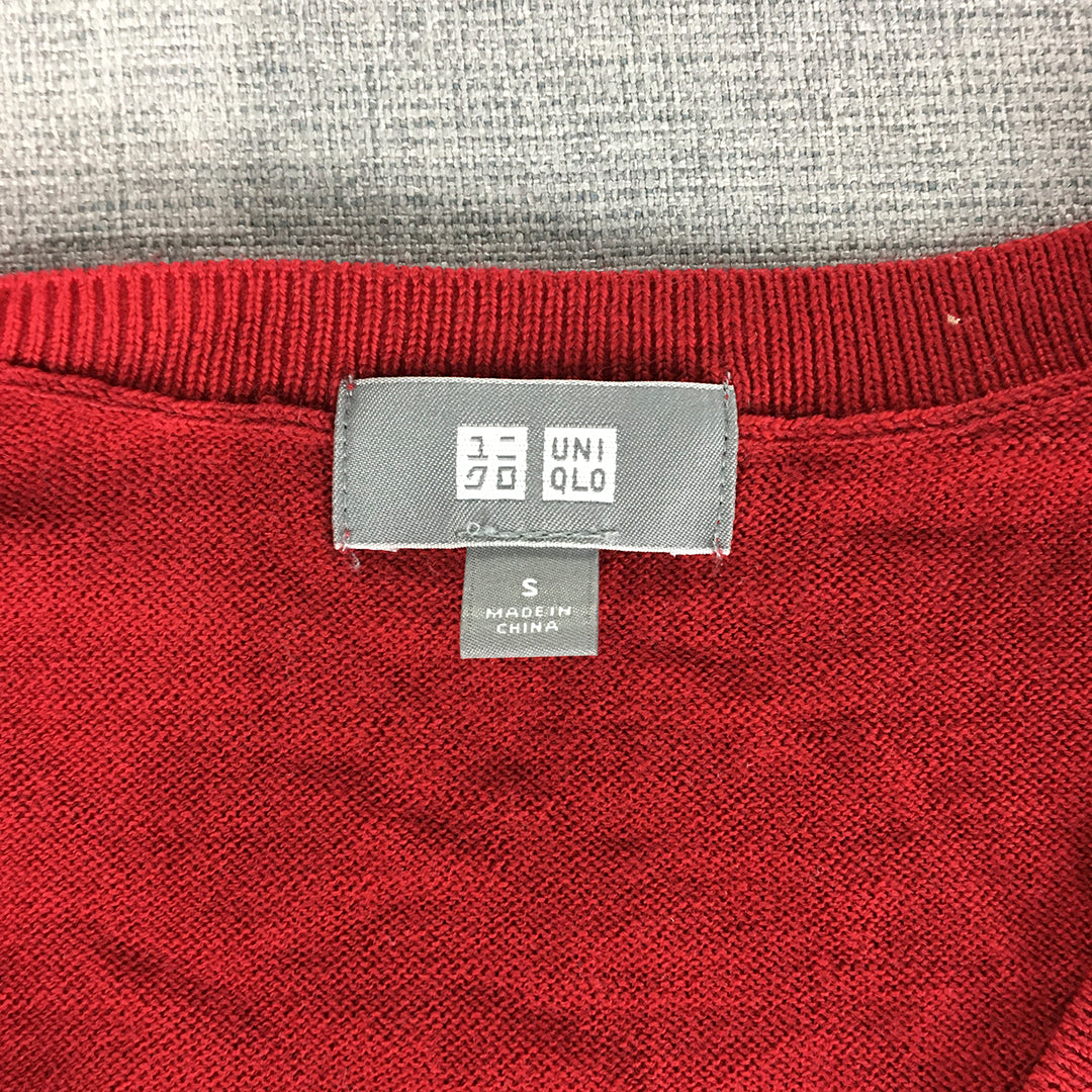 Uniqlo Mens Wool Sweater Size S Red V-Neck Pullover Jumper