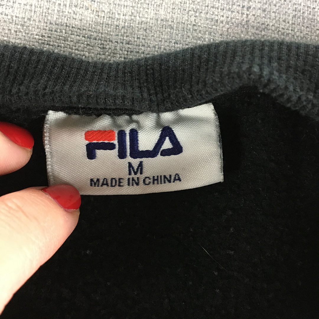 FILA Mens Sweater Size M Black Big Embroidered Logo Crew Neck Jumper