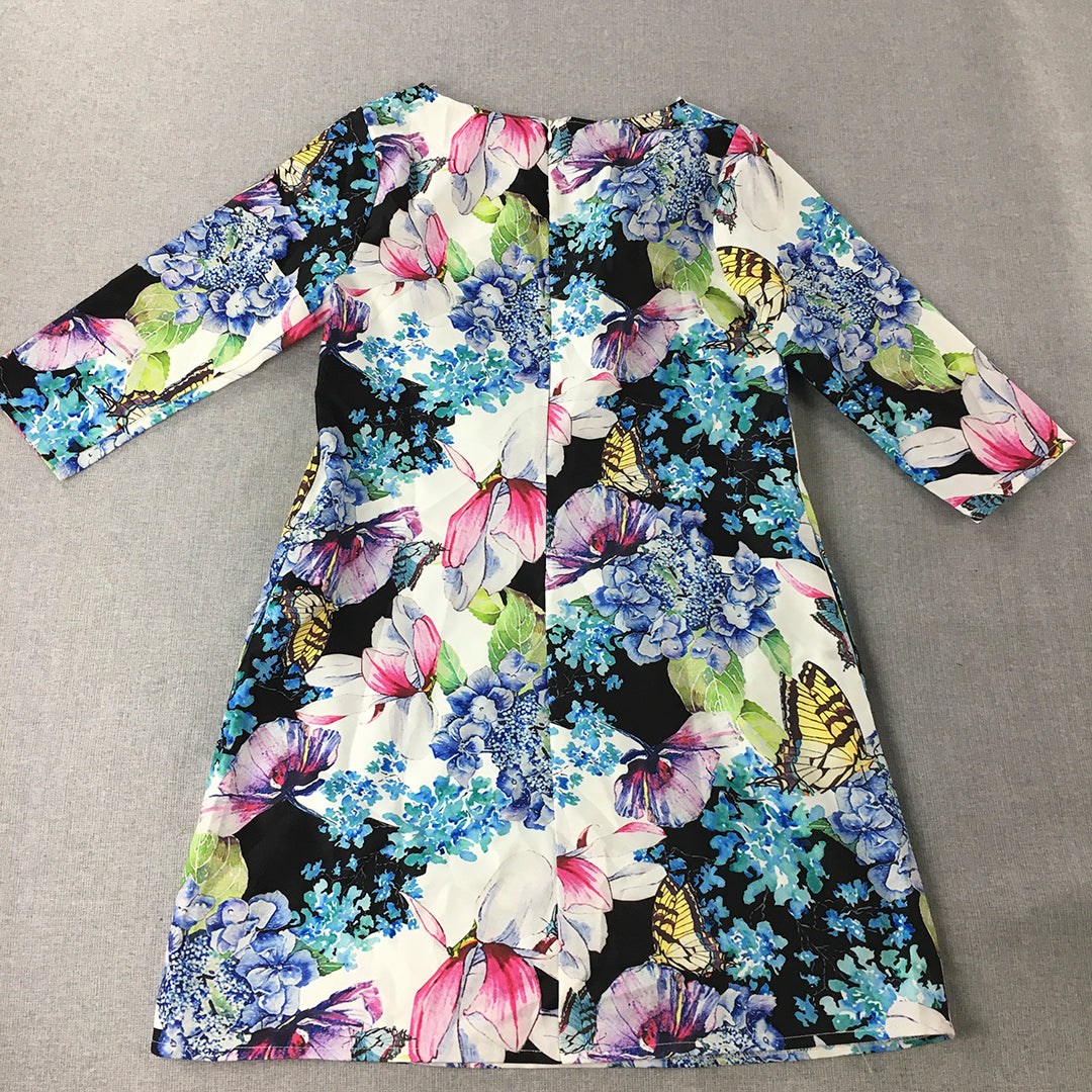 Sunny Girl Womens A-Line Dress Size 8 White Blue Floral Mini 3/4 Length Sleeves