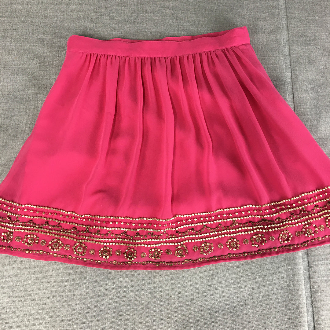 Forever New Womens Mini Skirt Size 8 Pink Pleated Gold Diamante A-Line