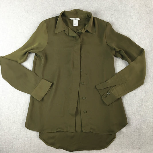 H&M Womens Shirt Size 2 US Khaki Green Long Sleeve Button-Up Collared