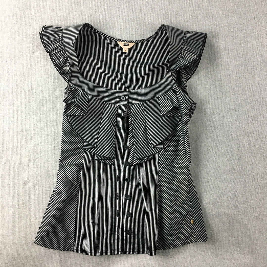 Cue SHIRT Womens Top Size 6 Black Grey Striped Button-Up Ruffled Frilled