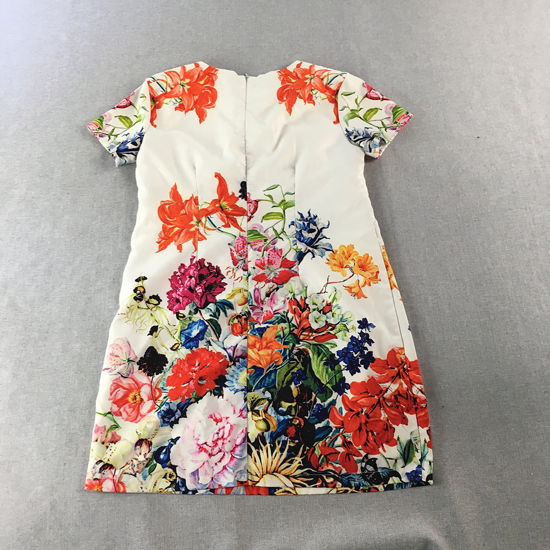 Boohoo Womens Mini Dress Size 8 White Floral Short Sleeve A-Line