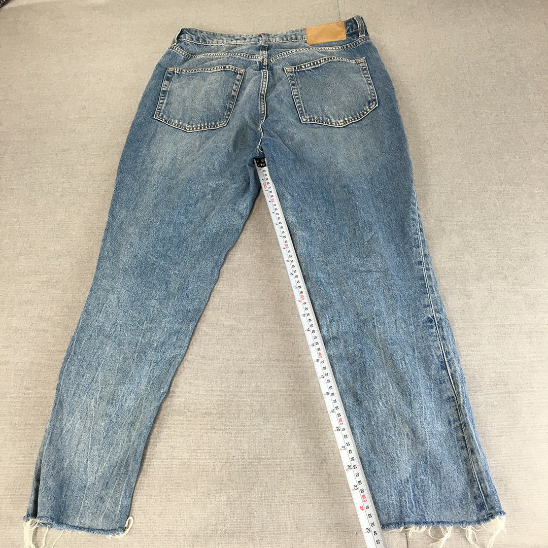 H&M Womens Jeans Size 14 Blue Light Wash Slim Straight Raw Hem Denim