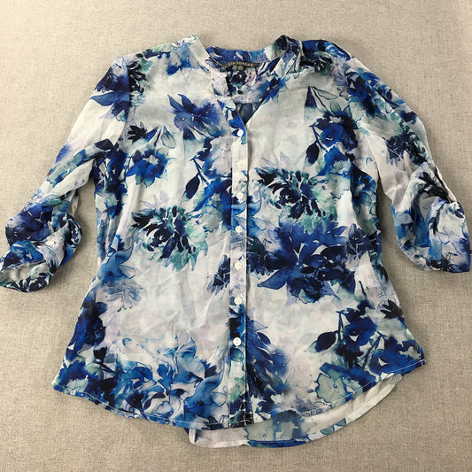 Liz Jordan Womens Top Size 10 Blue White Floral Long Sleeve Button-Up