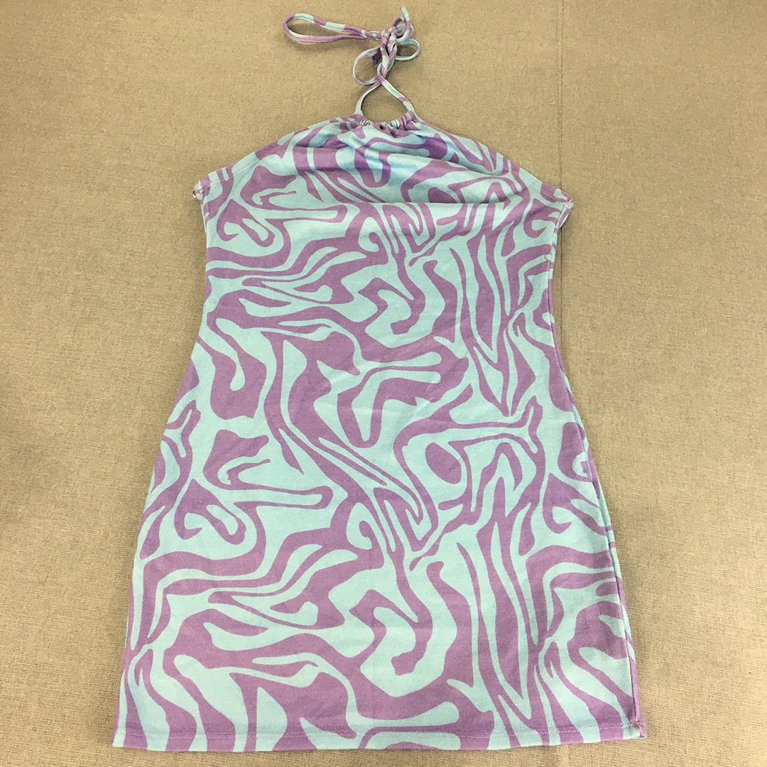 Valleygirl Womens Mini Dress Size L Purple Blue Abstract Striped Sleeveless