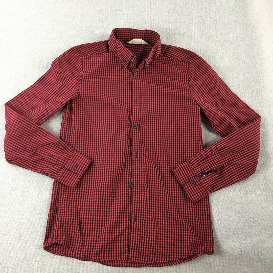 H&M Kids Boys Shirt Size 11 - 12 Years Red Blue Checkered Long Sleeve Button-Up