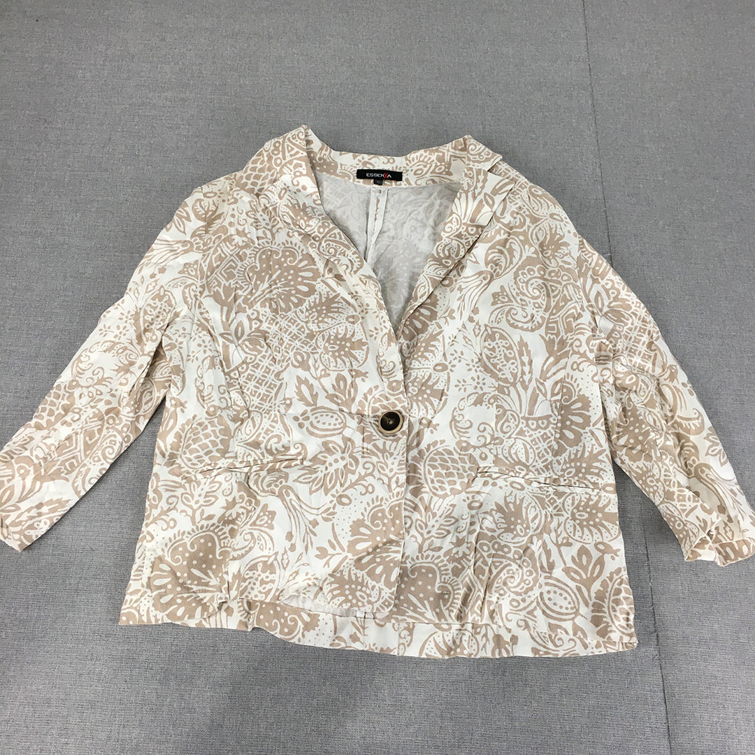 Essenxa Womens Blazer Jacket Size L White Brown Floral Collared Button Coat