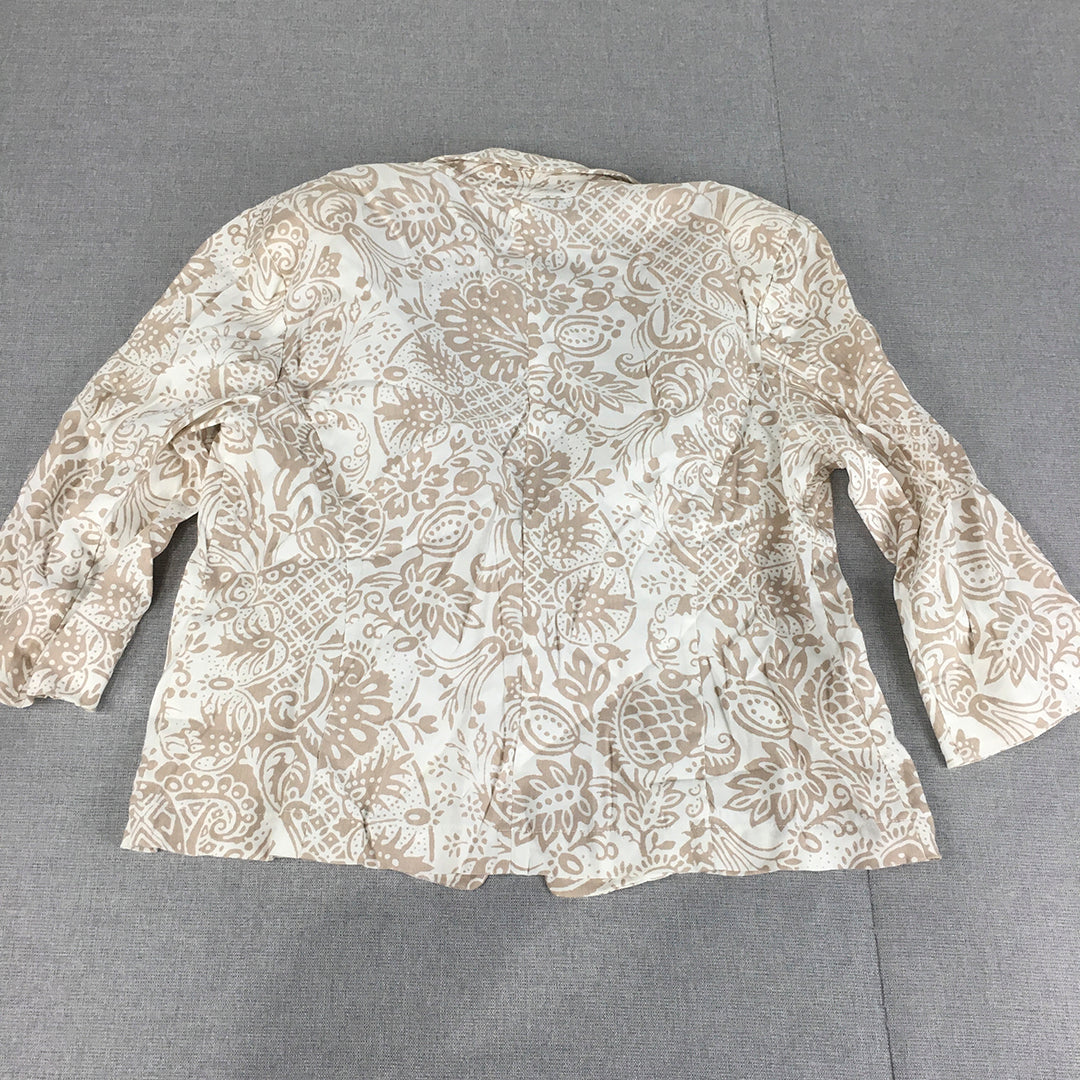 Essenxa Womens Blazer Jacket Size L White Brown Floral Collared Button Coat