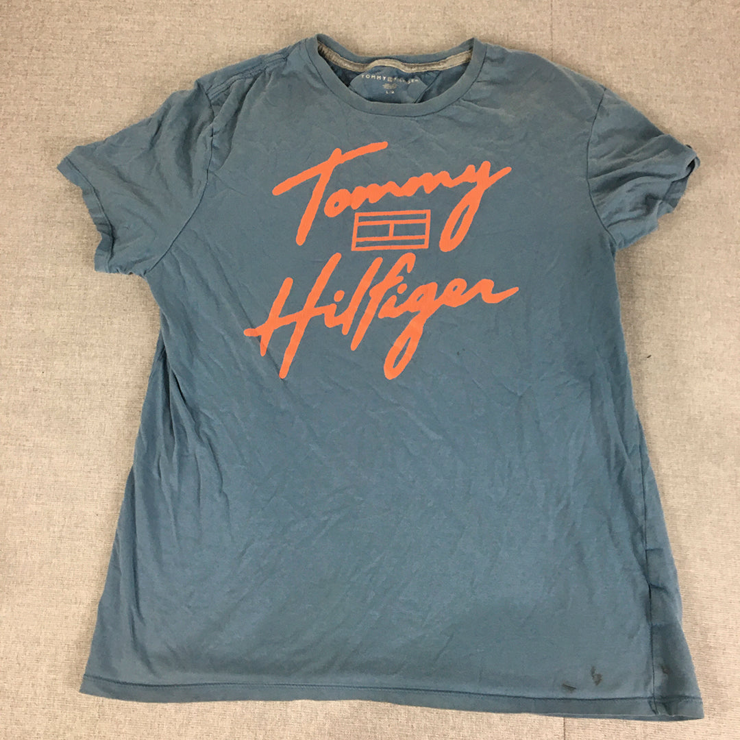 Tommy Hilfiger Mens T-Shirt Size L Blue Orange Logo Short Sleeve Crew Neck