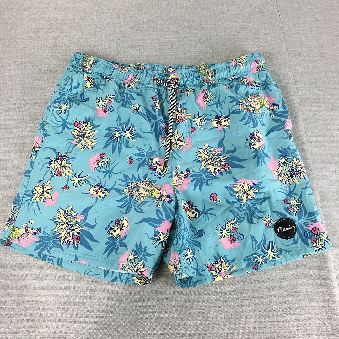 Mambo Mens Board Shorts Size 36 Blue Aloha Hawaiian Drawstring Surf