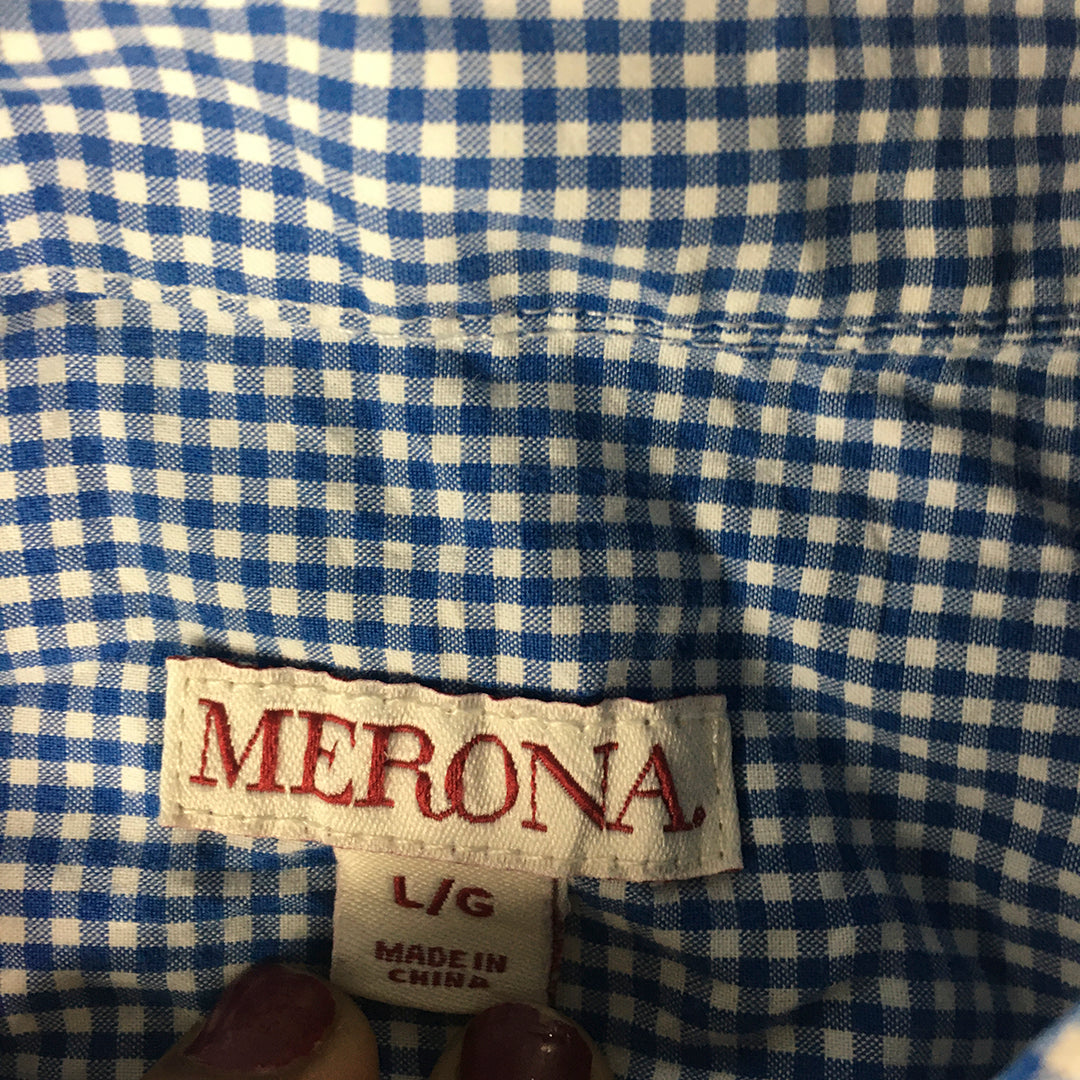 Merona Mens Shirt Size L Blue Checkered Long Sleeve Button-Up Pocket