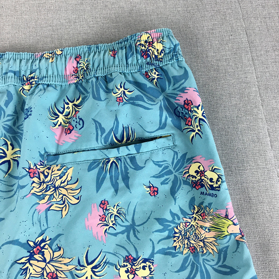 Mambo Mens Board Shorts Size 36 Blue Aloha Hawaiian Drawstring Surf