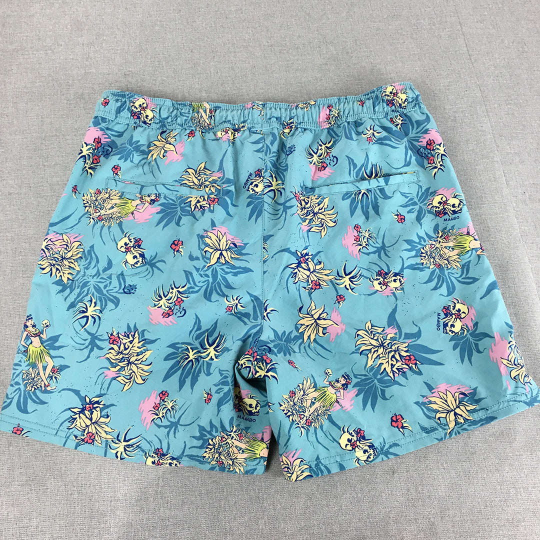 Mambo Mens Board Shorts Size 36 Blue Aloha Hawaiian Drawstring Surf