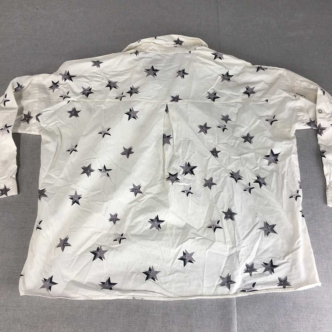 Zara Womens Shirt Size L White Star Pattern Long Sleeve Button-Up Relaxed Fit