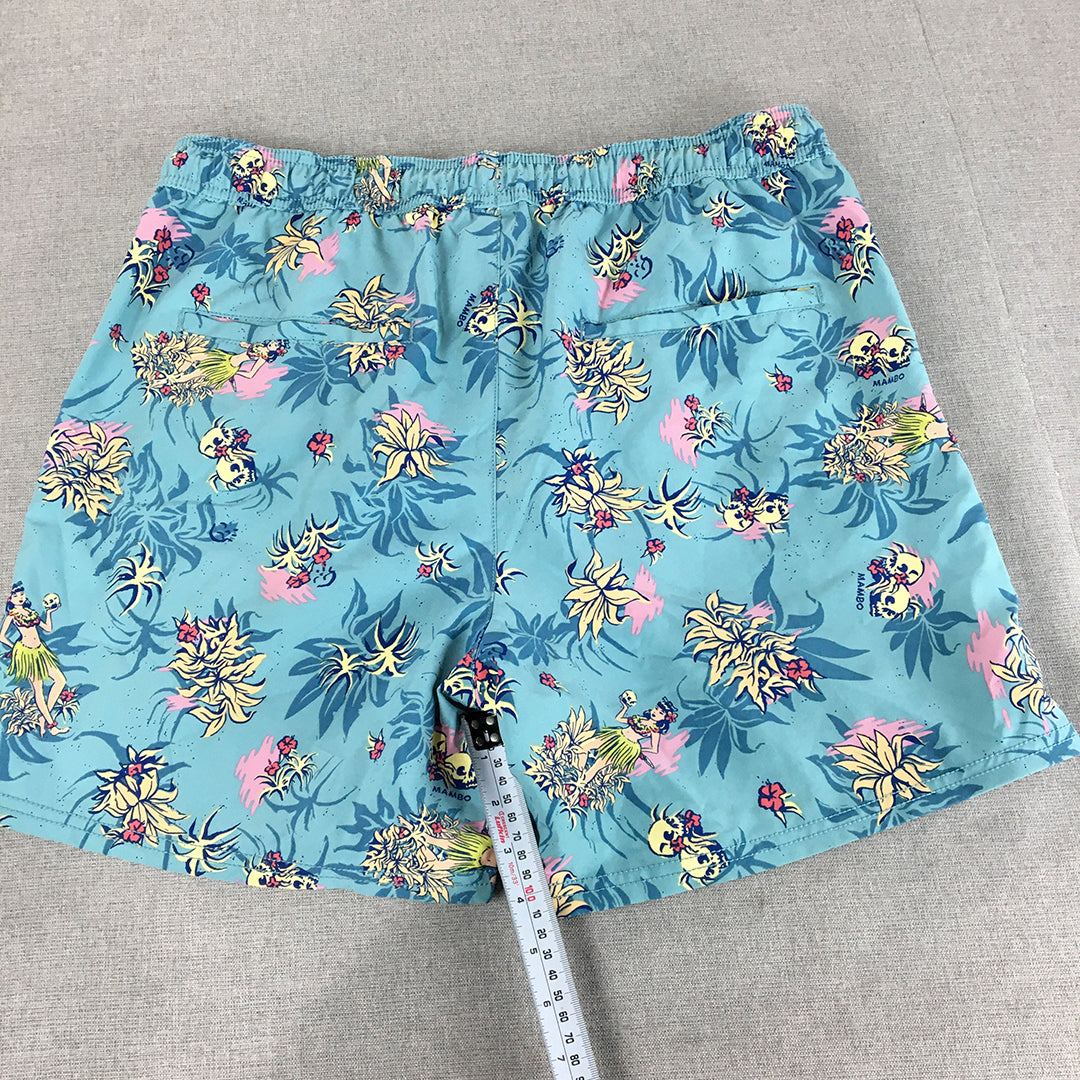 Mambo Mens Board Shorts Size 36 Blue Aloha Hawaiian Drawstring Surf