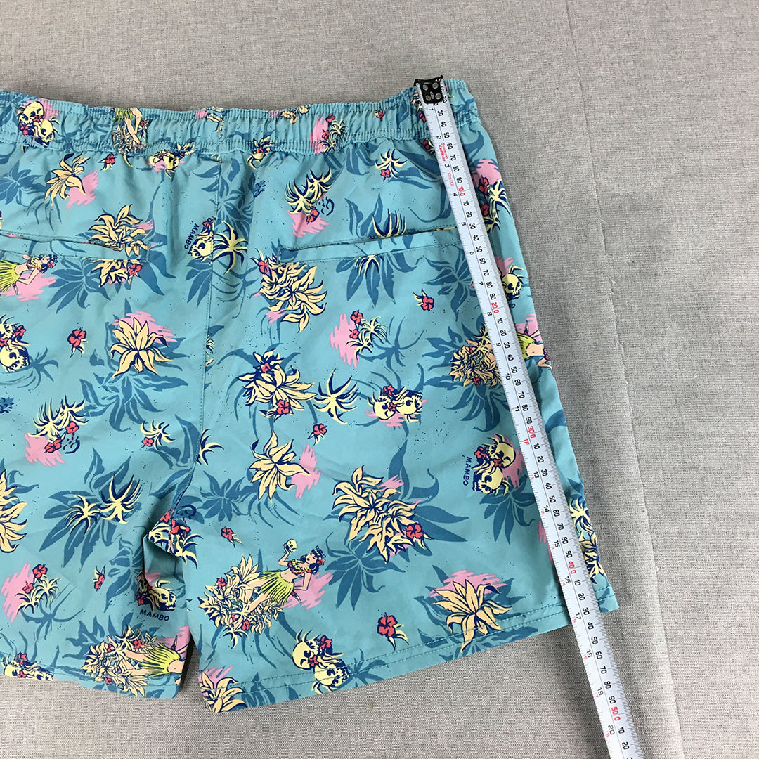 Mambo Mens Board Shorts Size 36 Blue Aloha Hawaiian Drawstring Surf