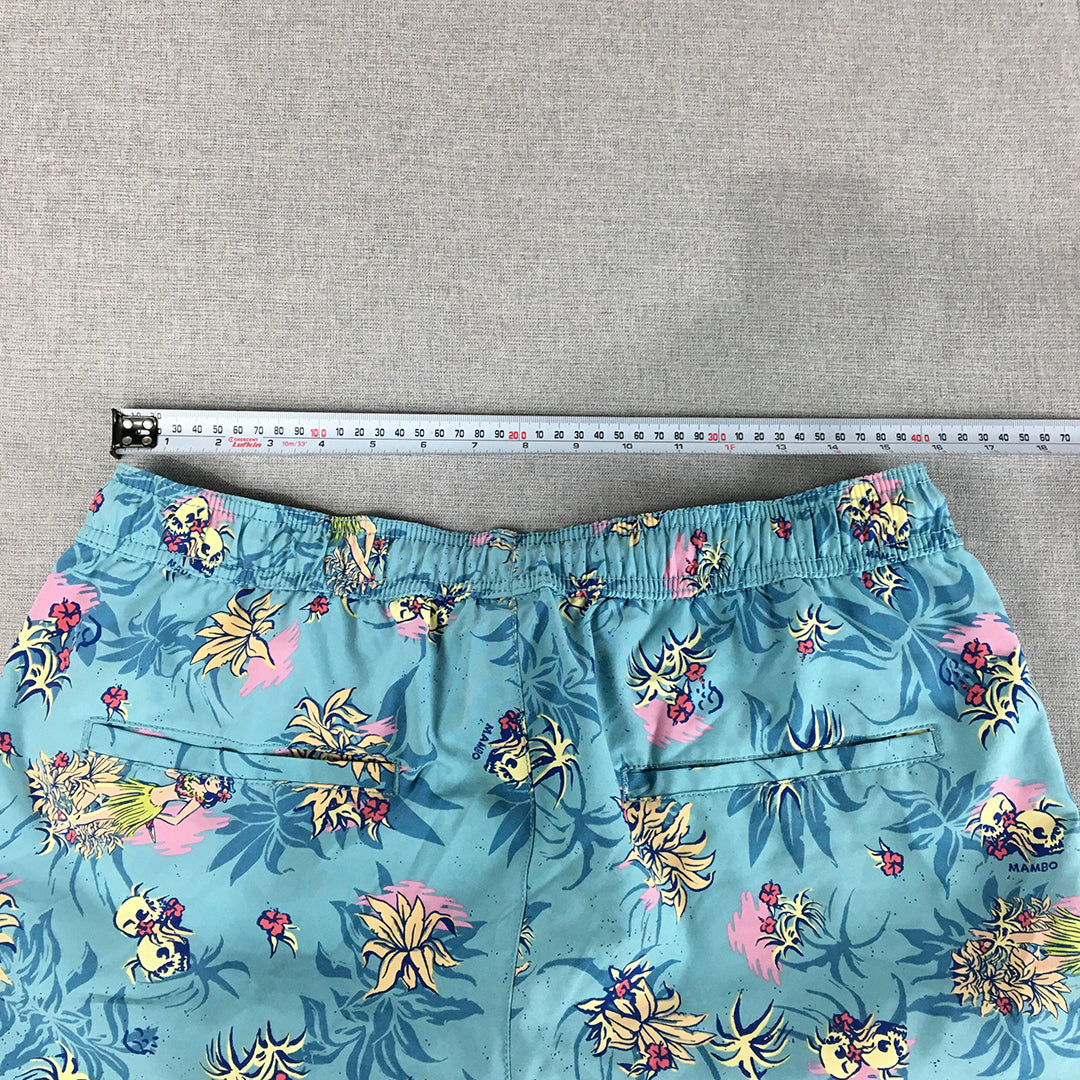 Mambo Mens Board Shorts Size 36 Blue Aloha Hawaiian Drawstring Surf