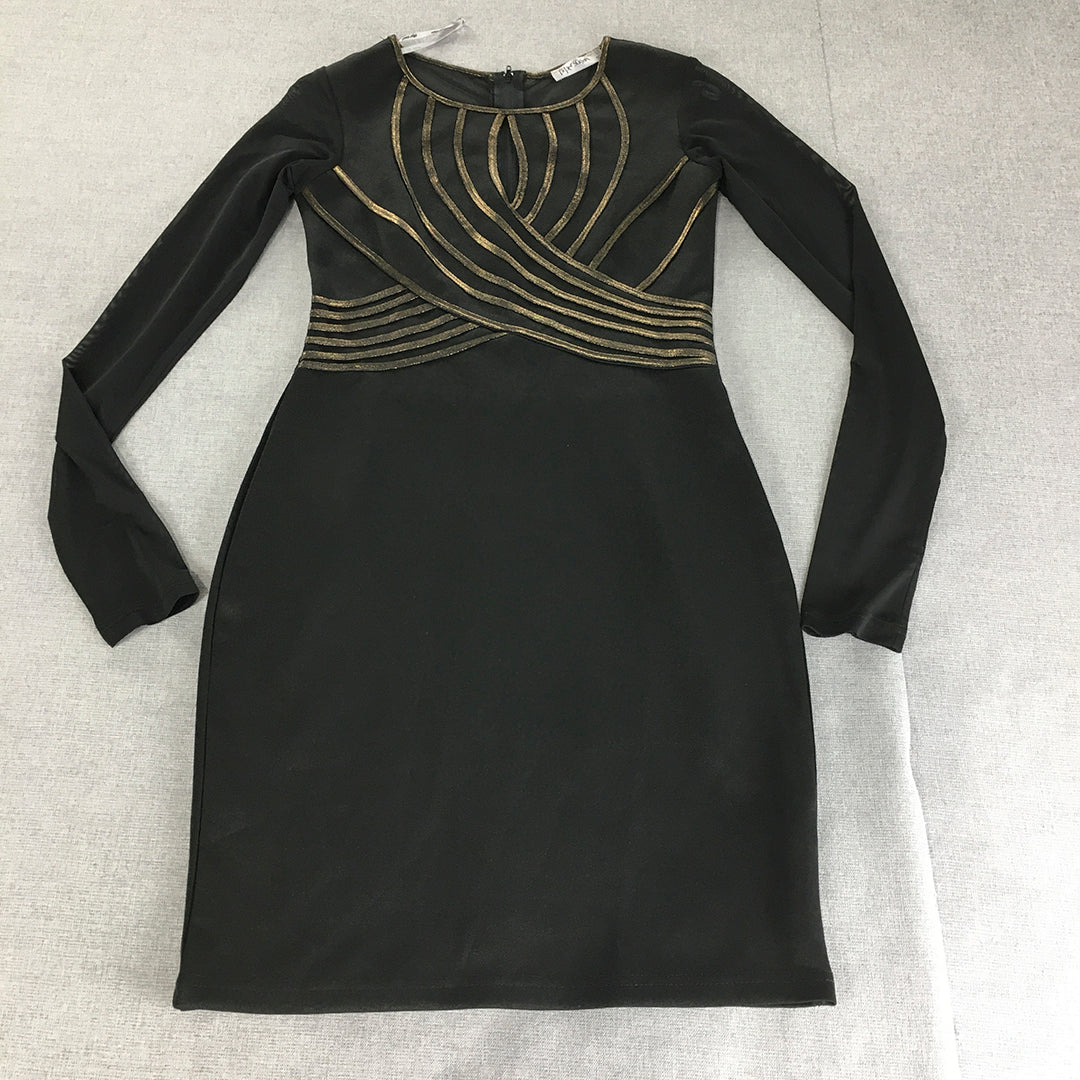 Paper Scissors Womens Mini Dress Size S Black Gold Long Sleeve Event