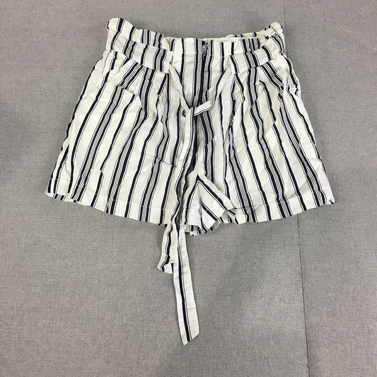 Forever New Womens Shorts Size 10 White Blue Striped Tie-Up Pockets